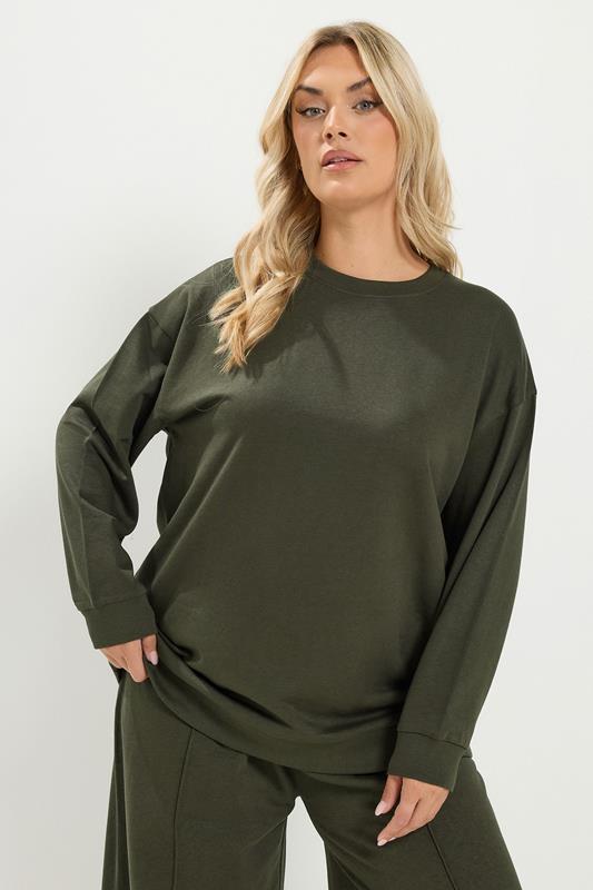  YOURS Curve Khaki Green Crew Neck Sweatshirt