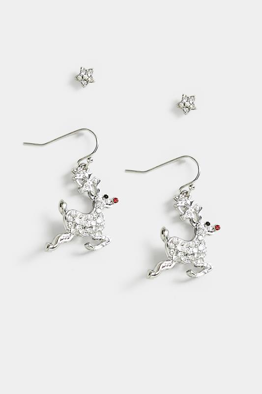  2 PACK Silver Reindeer Novelty Christmas Earring Set