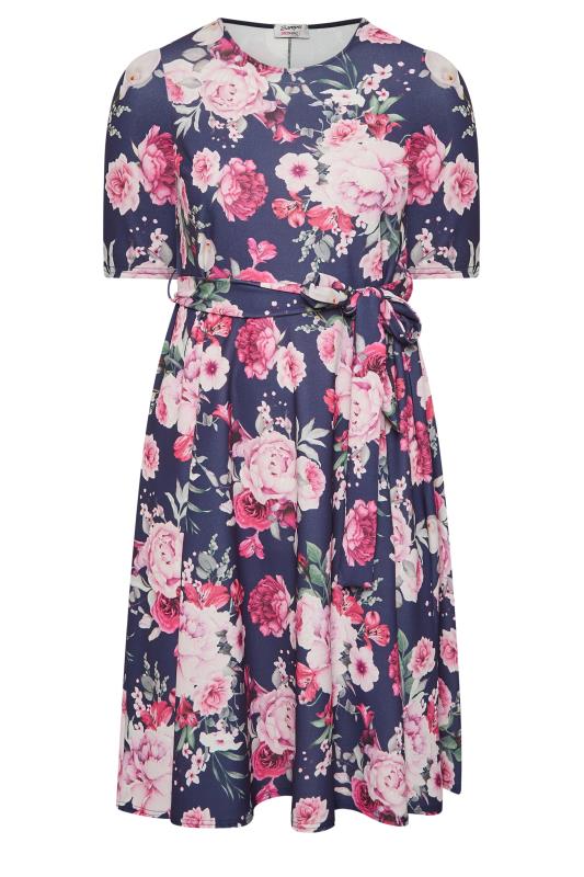 YOURS LONDON Curve Plus Size Navy Blue & Pink Floral Skater Dress | Yours Clothing  6
