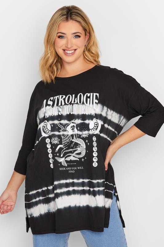 Plus Size Black Tie Dye 'Astrologie' Slogan Graphic T-Shirt | Yours Clothing  1
