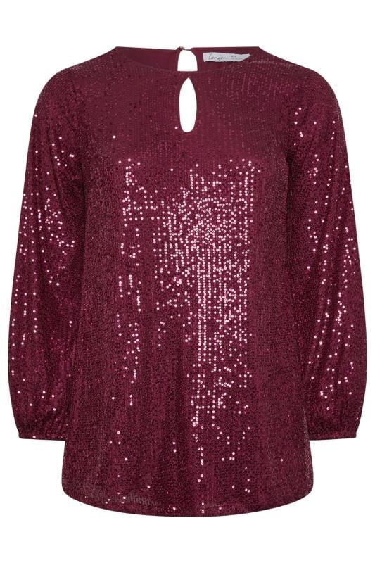 YOURS LONDON Plus Size Burgundy Red Sequin Keyhole Top | Yours Clothing 6