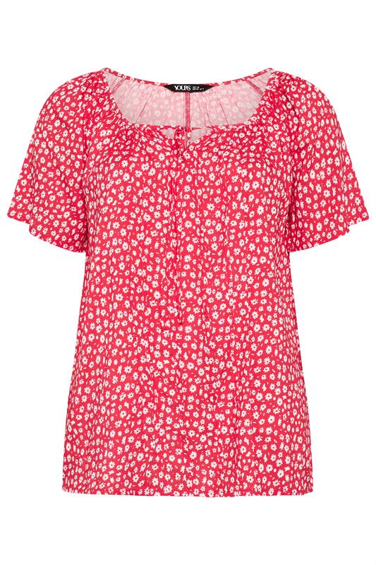 YOURS Plus Size Red Floral Short Sleeve Pintuck Blouse | Yours Clothing 5