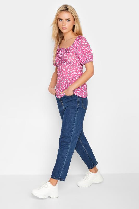 Petite Pink Daisy Print Ruched Front Top | PixieGirl 2
