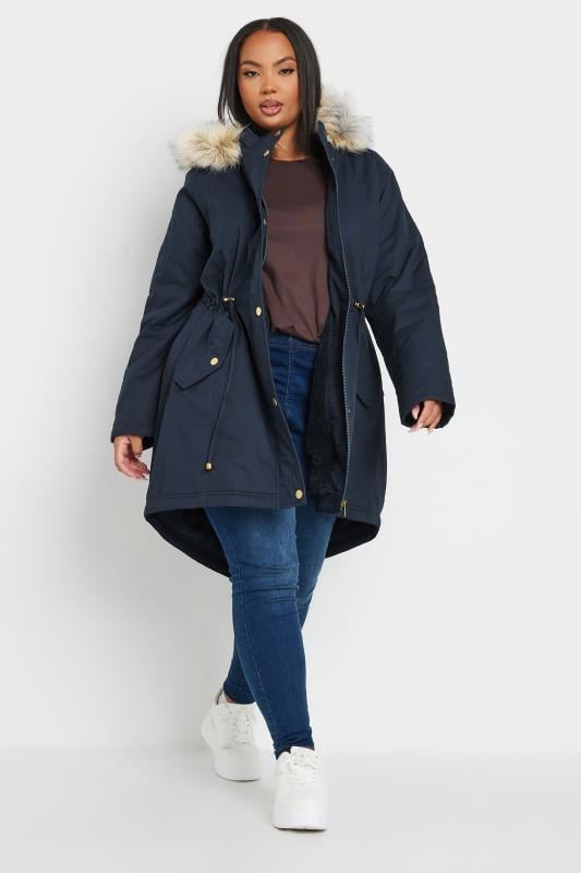 Plus Size  YOURS Curve Navy Blue Faux Fur Trim Parka Coat