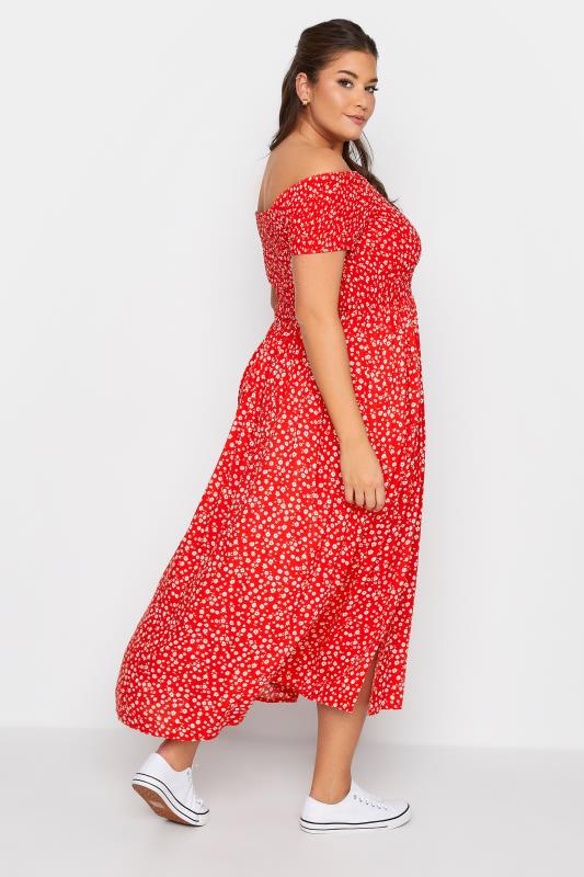 Plus Size Red Ditsy Shirred Bardot Midaxi Dress | Yours Clothing 3