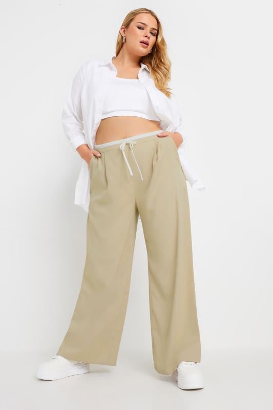 YOURS Plus Size Natural Brown Contrast Waist Wide Leg Trousers | Yours Clothing 2