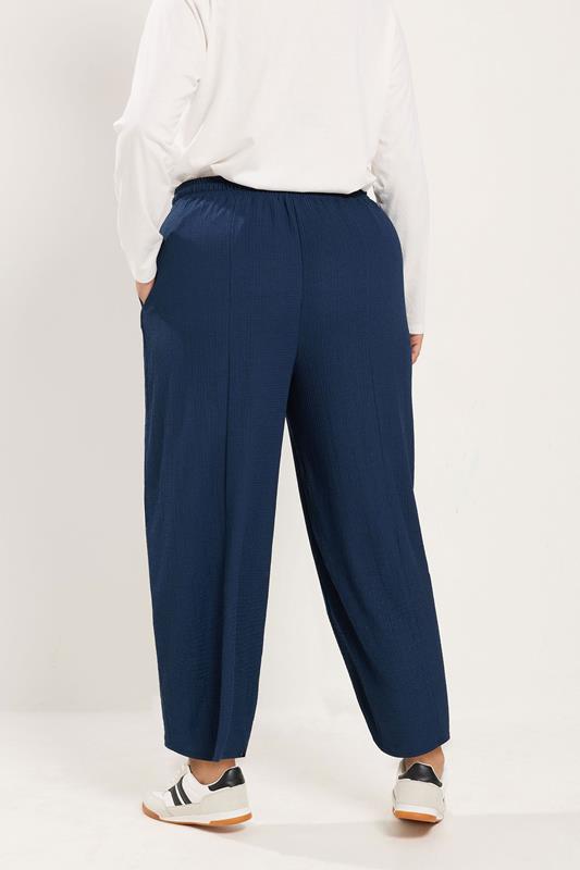 YOURS Plus Size Navy Blue Crinkle Barrel Trousers | Yours Clothing 2