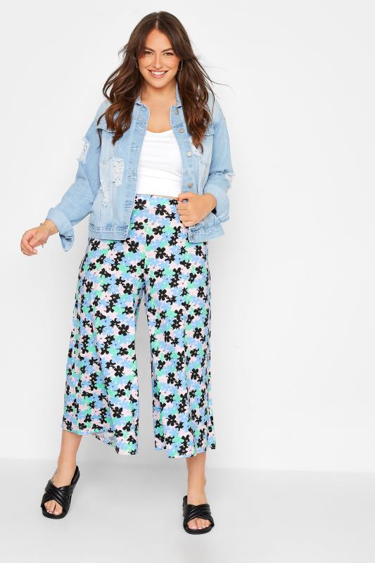 Plus Size Blue Abstract Floral Print Stretch Midaxi Culottes | Yours Clothing 2