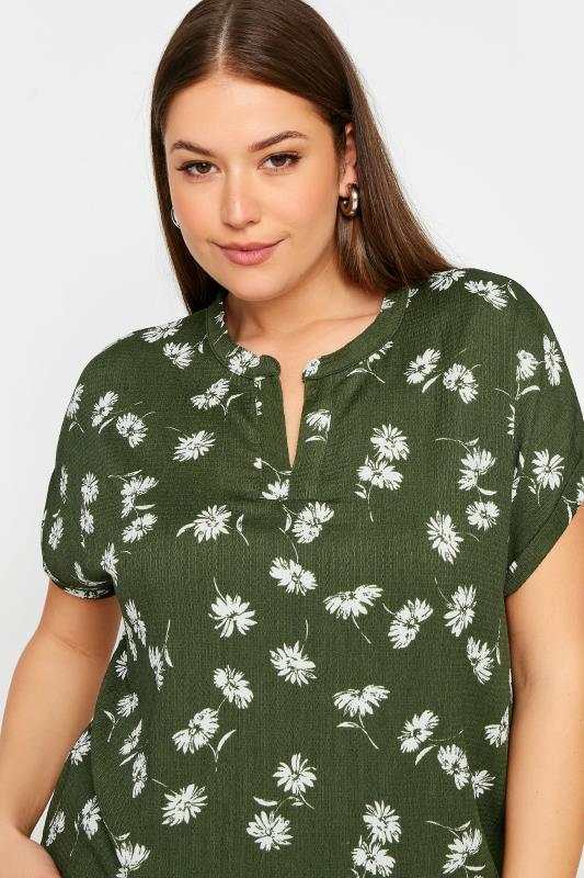 YOURS Plus Size Khaki Green Floral Print Notch Neck Blouse | Yours Clothing 4