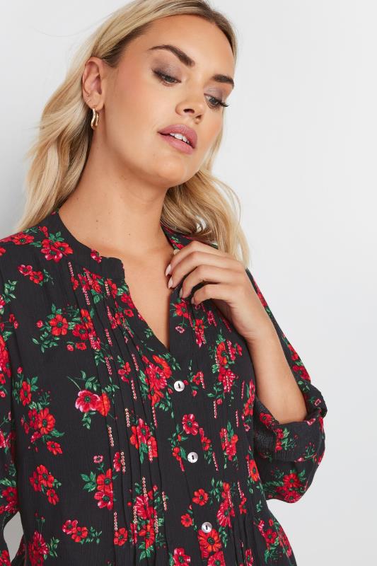 YOURS Plus Size Black & Red Floral Print Sequin Embellished Pintuck Blouse | Yours Clothing 4