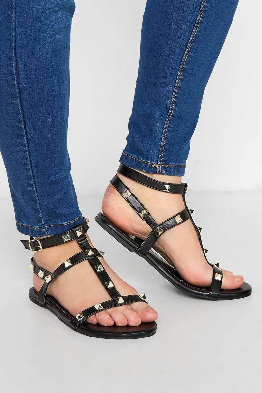 Black Studded Strap Sandals In Extra Wide EEE Fit 1