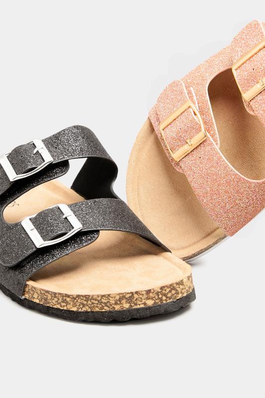 Black Glitter Buckle Strap Footbed Sandals In Extra Wide EEE Fit | Yours Clothing  7