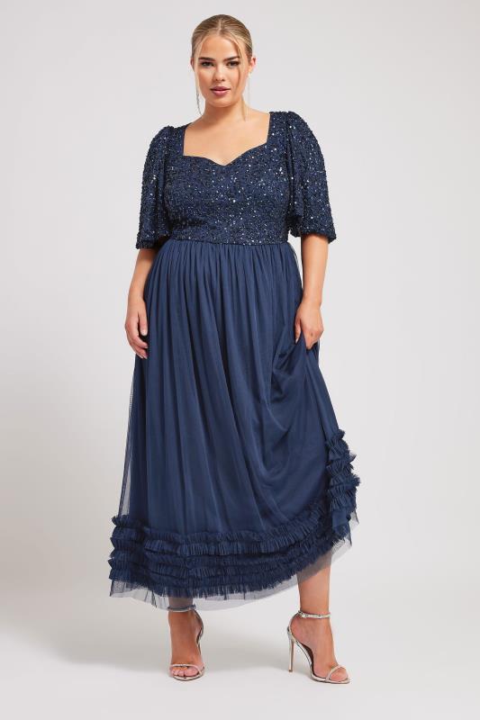 LUXE Plus Size Curve Navy Blue Sequin Sweetheart Ruffle Maxi Dress | Yours Clothing  4