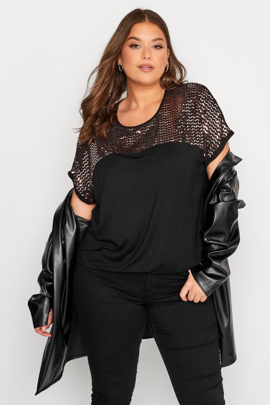Curve Plus-Size Black & Rose Gold Sequin Swing Style T-shirt | Yours Clothing 1