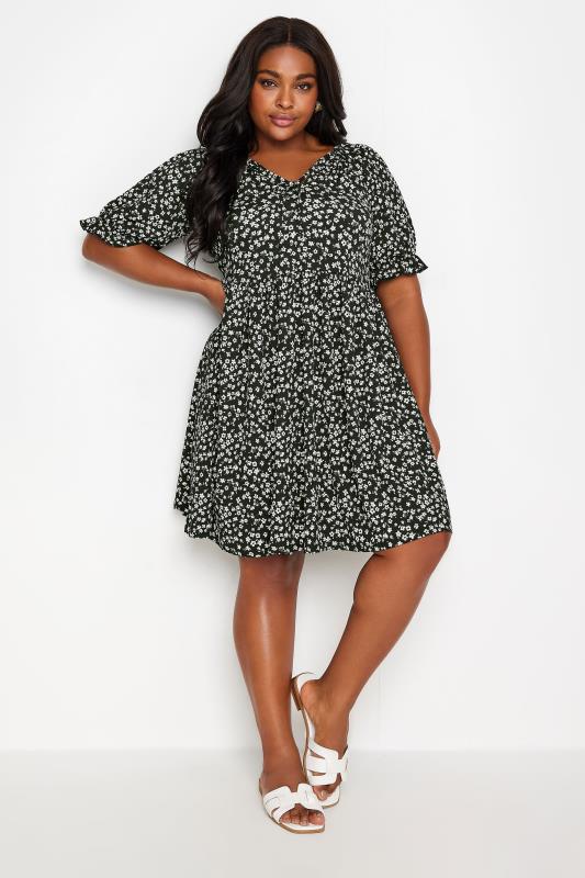  YOURS Curve Black Ditsy Floral Print Textured Dress