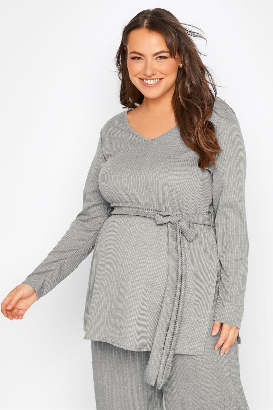 BUMP IT UP MATERNITY Curve Grey Ribbed Tie Waist Lounge Top_A.jpg
