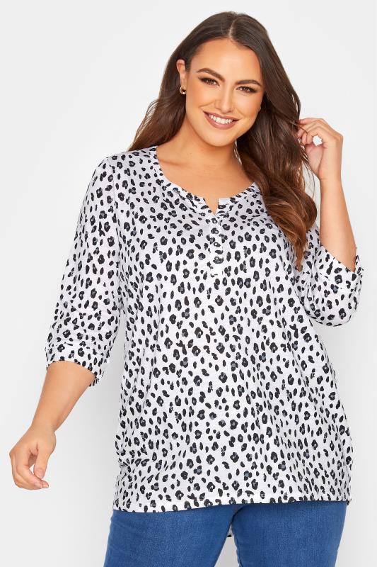 YOURS FOR GOOD Curve White Leopard Print Henley Top 1
