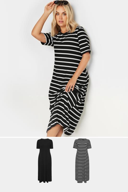 YOURS 2 PACK Plus Size Black & White Stripe Maxi Dress | Yours Clothing 1