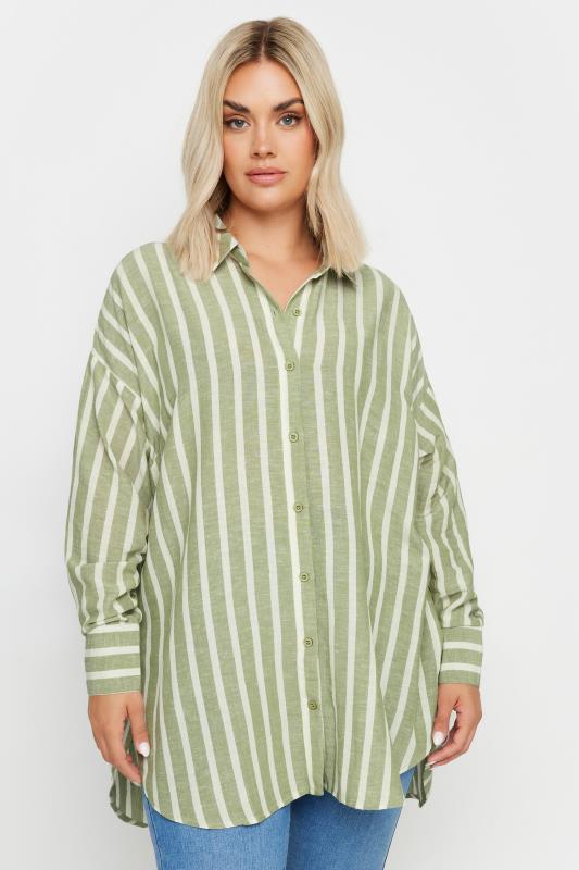  Tallas Grandes YOURS Curve Green Stripe Linen Shirt