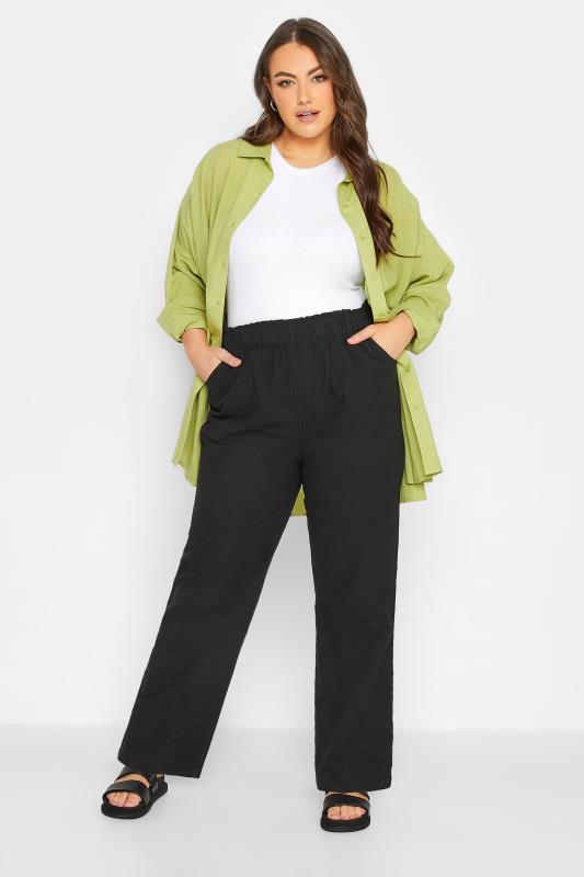 YOURS Plus Size Black Cool Cotton Wide Leg Trousers | Yours Clothing