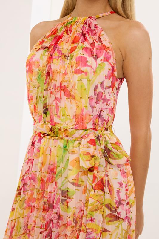 STAR Yellow Floral Metallic Pleated Dress | StarByJM 4