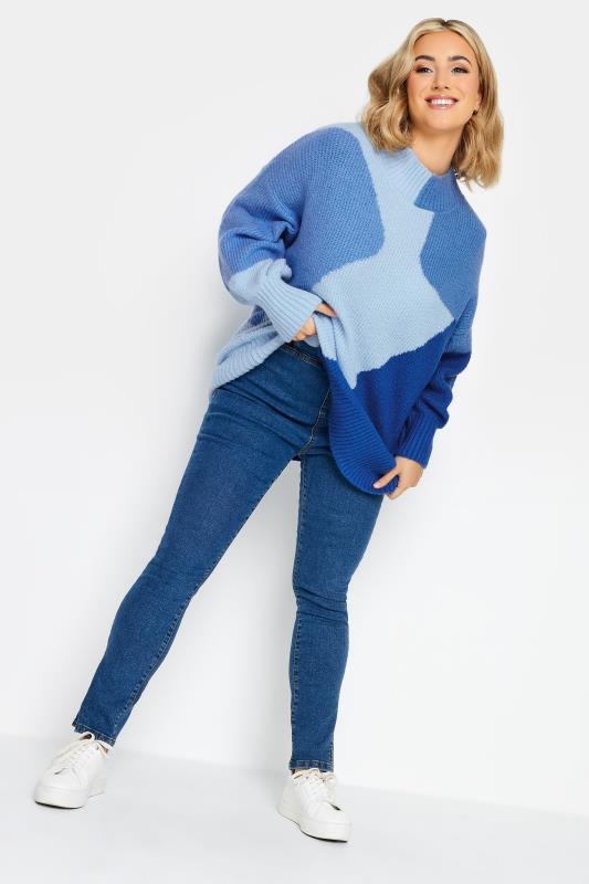 Curve Plus Size Womens Light & Dark Blue Colour Block Knit Jumper | Yours Clothing 2