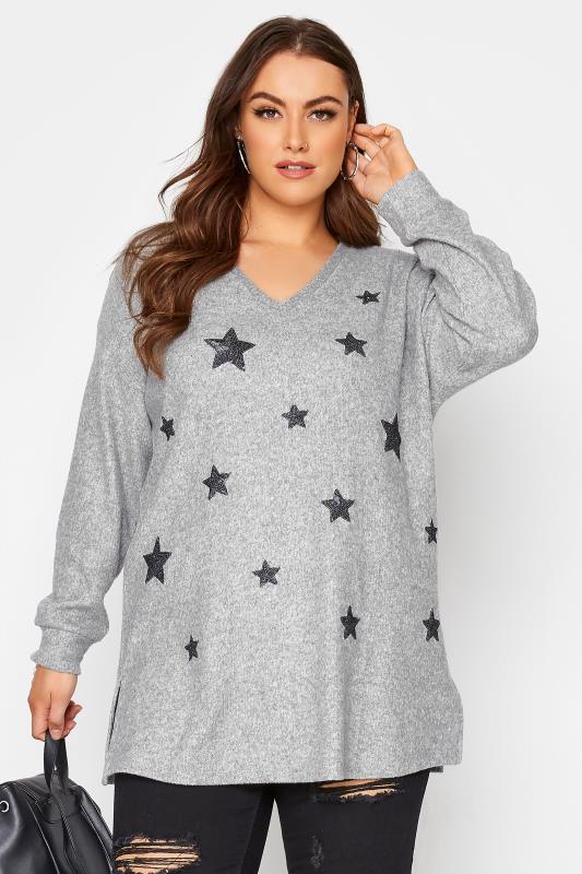 Plus Size Grey Embellished Star Print Knitted Top | Yours Clothing 1