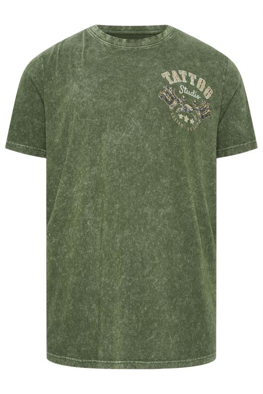BadRhino Big & Tall Khaki Green Acid Wash 'Tattoo Studio' Print T-Shirt | BadRhino 4