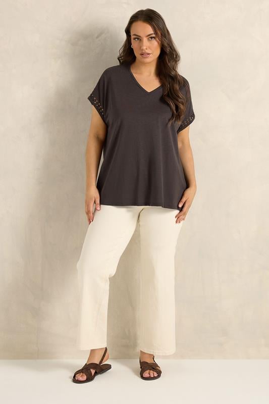 EVANS Plus Size Chocolate Brown Crochet Trim Cotton V Neck T-Shirt | Evans 1