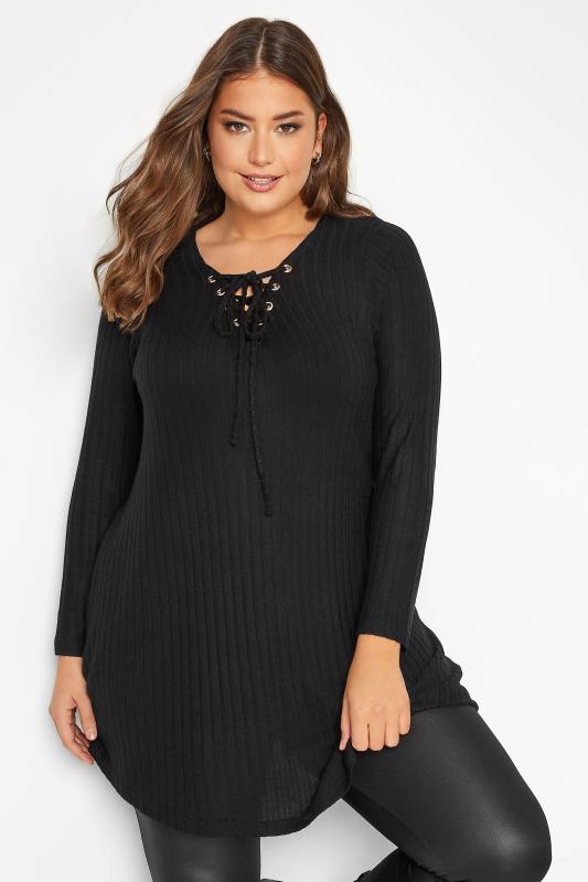 Plus Size Black Eyelet Tie Detail Soft Touch Top | Yours Clothing 1