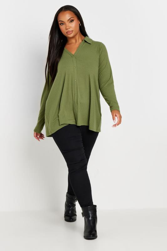 YOURS Plus Size Green Ribbed Button Front Long Sleeve Collared Top | Yours Clothing 2