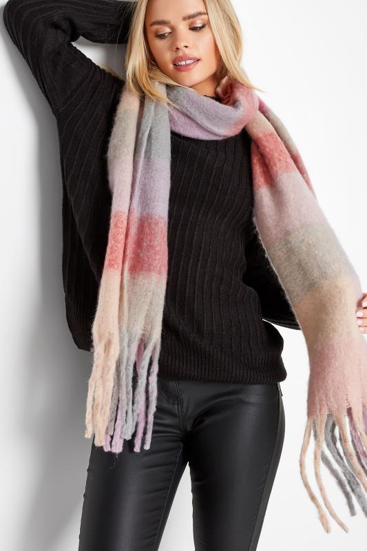 Plus Size  Yours Blush Pink Block Check Chunky Tassel Scarf