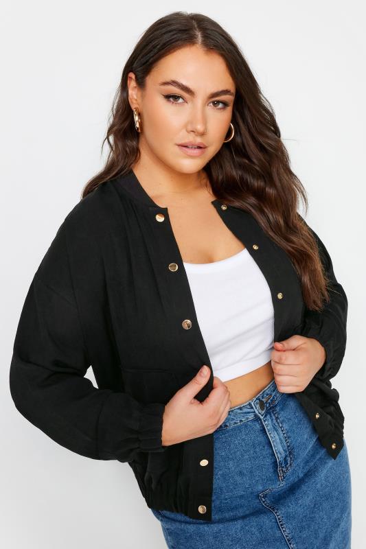 YOURS Plus Size Black Button Up Bomber Jacket | Yours Clothing 1
