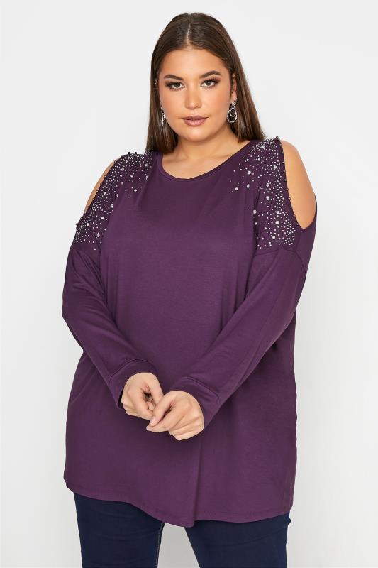 Plus Size  Purple Cold Shoulder Embellished Tunic
