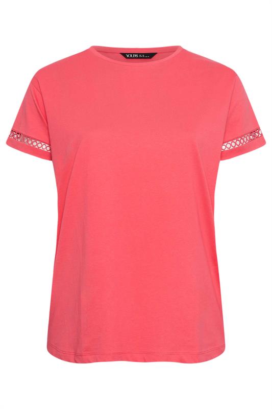LIMITED COLLECTION Plus Size Coral Pink Crochet Trim Short Sleeve T-Shirt | Yours Clothing 5