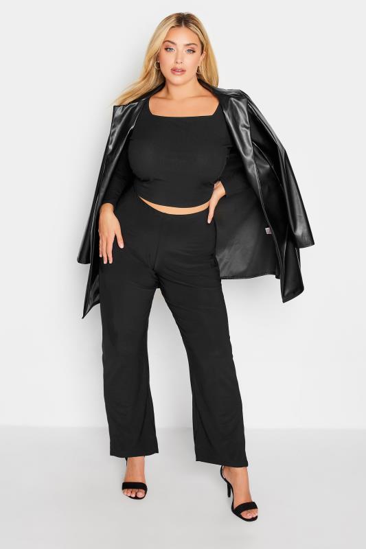 Plus Size Black Pull On Straight Leg Trousers | Yours Clothing 2