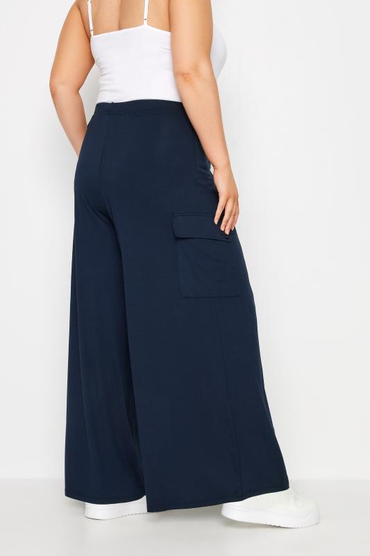 YOURS Plus Size Navy Blue Jersey Wide Leg Cargo Trousers | Yours Clothing 3