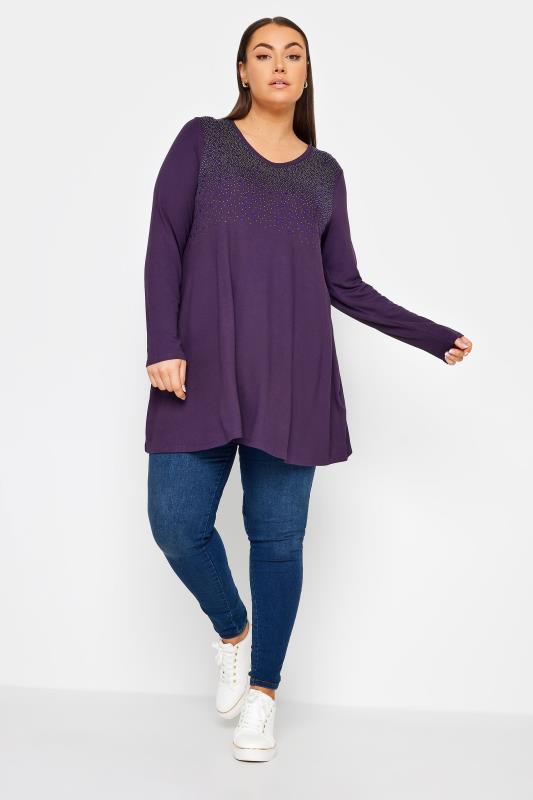 YOURS Plus Size Purple Stud Embellished Long Sleeve Top | Yours Clothing 2