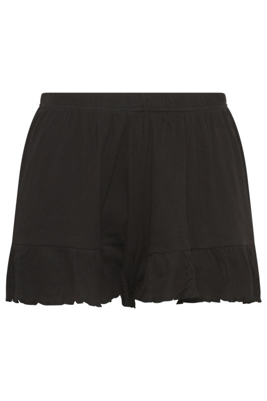 YOURS Plus Size Black Frill Ribbed Cotton Pyjama Shorts | Yours Clothing 5