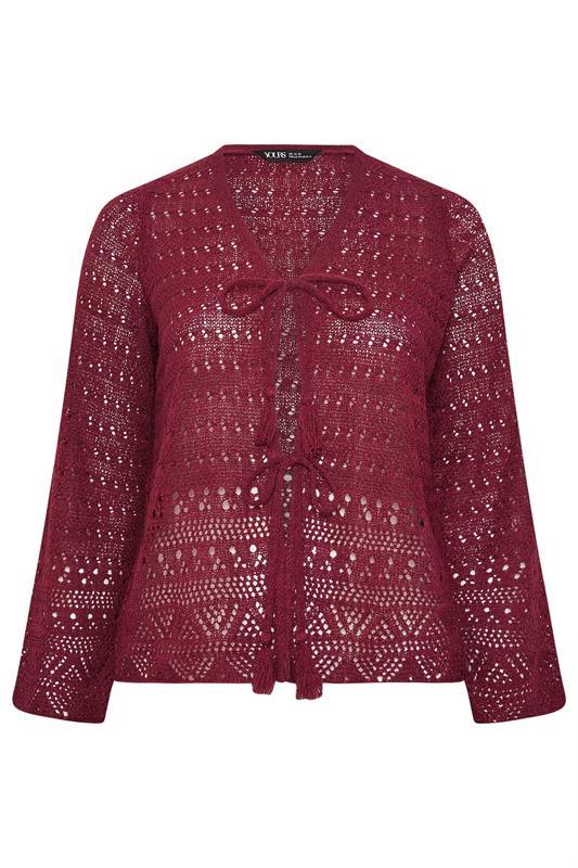 YOURS Plus Size Burgundy Red Pointelle Knitted Tie Cardigan | Yours Clothing 5