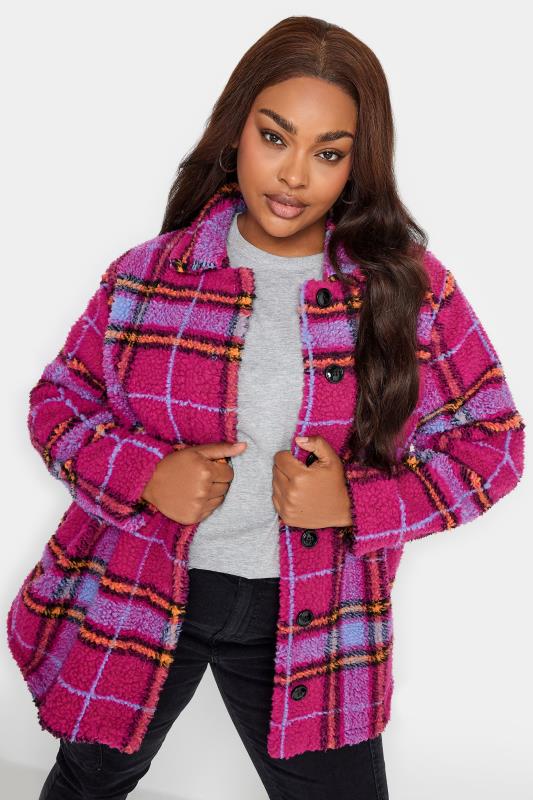 YOURS Plus Size Pink Check Print Button Through Fleece | Yours Clothing 4