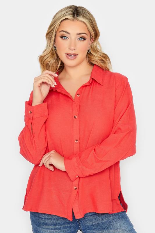 YOURS PETITE Plus Size Coral Orange Linen Blend Shirt | Yours Clothing 1