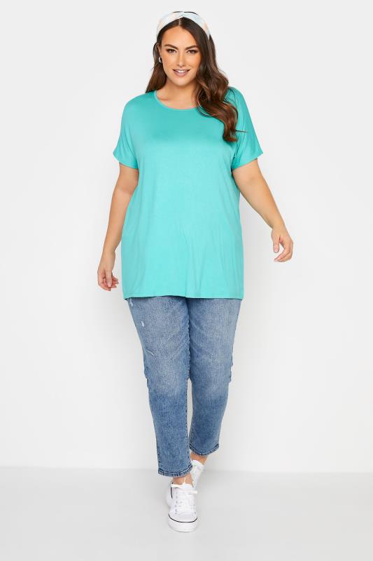 Plus Size Bright Turquoise Blue Grown On Sleeve T-Shirt | Yours Clothing 2
