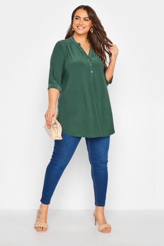 Plus Size Green Half Placket Blouse | Yours Clothing 2