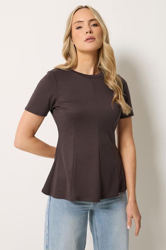  LTS Tall Chocolate Brown Seam Front Peplum Top