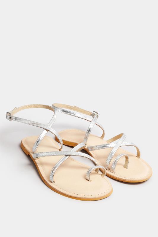 LTS Silver Cross Strap Leather Sandals In Standard Fit | Long Tall Sally 2