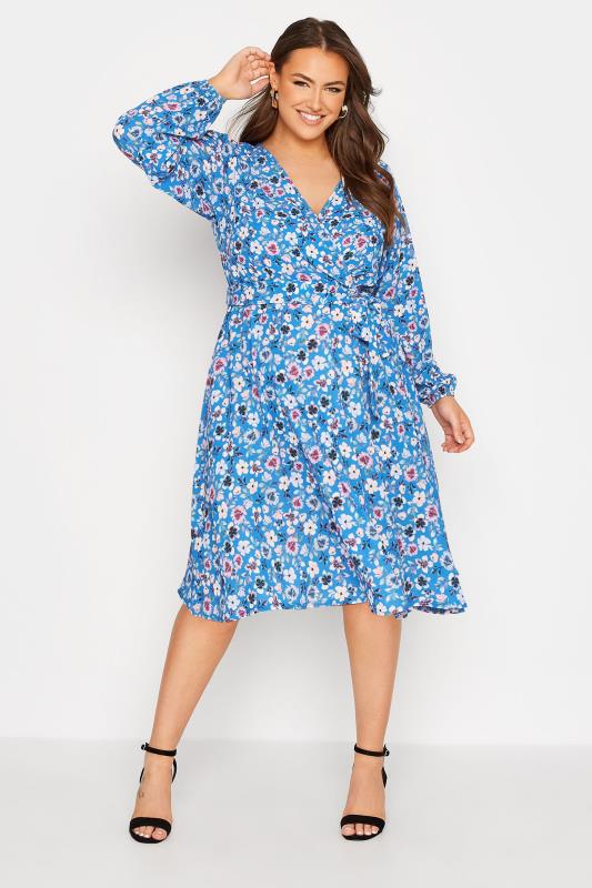 YOURS LONDON Plus Size Blue Floral Print Wrap Dress | Yours Clothing 1
