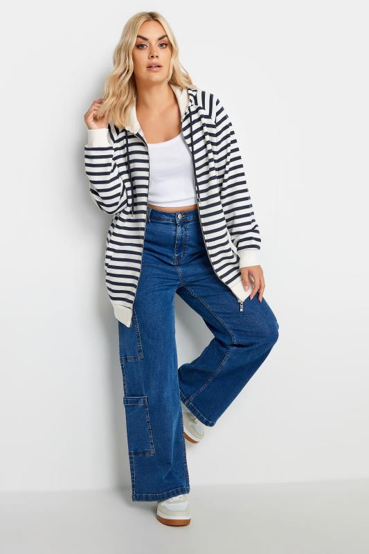 YOURS Plus Size White & Navy Blue Striped Zip Through Hoodie | Yours Clothing 2