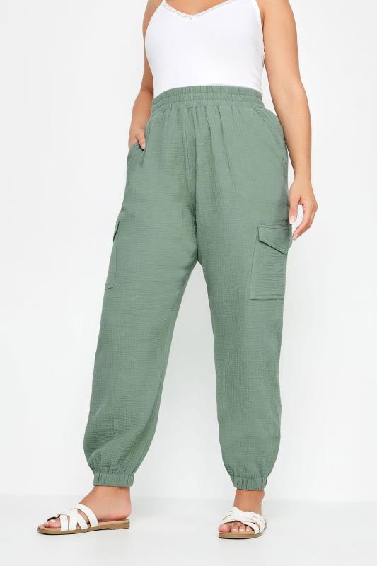YOURS Plus Size Sage Green Cheesecloth Cuffed Joggers | Yours Clothing 1