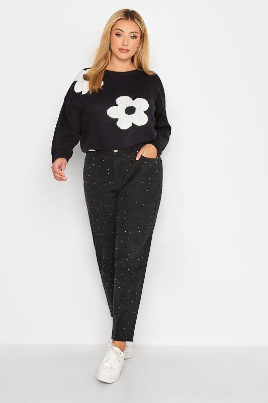 Plus Size Black Washed Diamante MOM Jeans | Yours Clothing 2